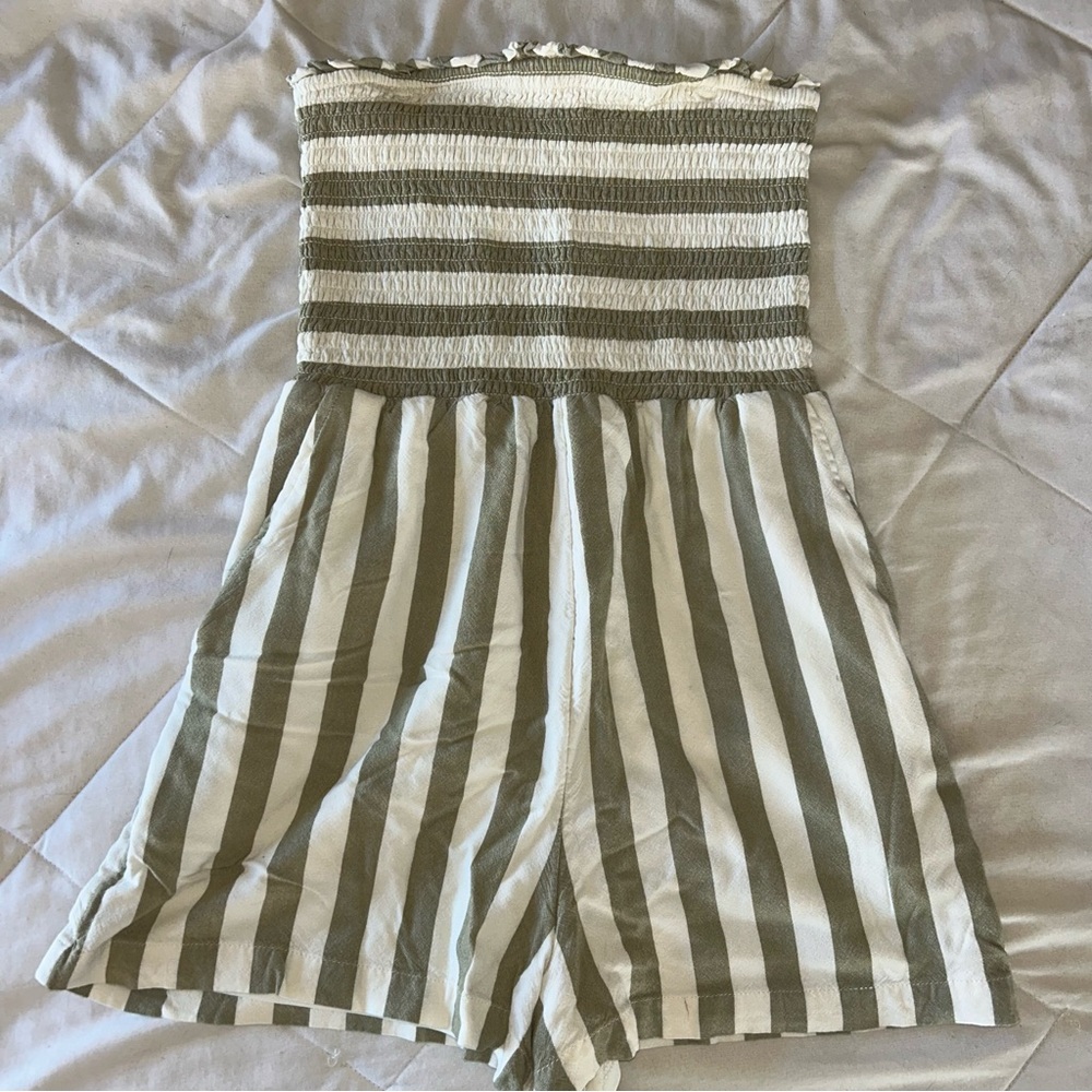 American‎ Eagle Outfitters Olive and White Striped Jumpsuit